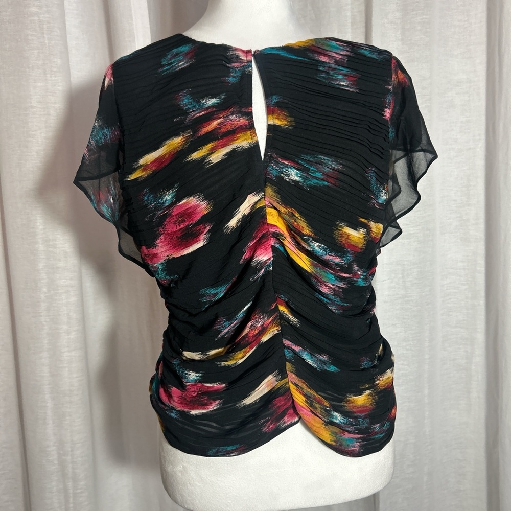 White House Black Market Black Multicolor Brushstroke Ruched Blouse